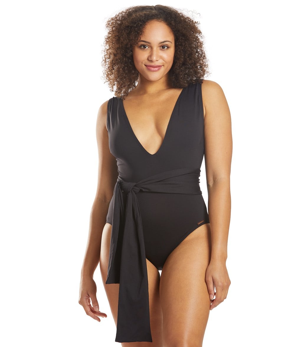 Vince Camuto Tropic Tones Belted Plunge One Piece Swimsuit - Black 10 - Swimoutlet.com