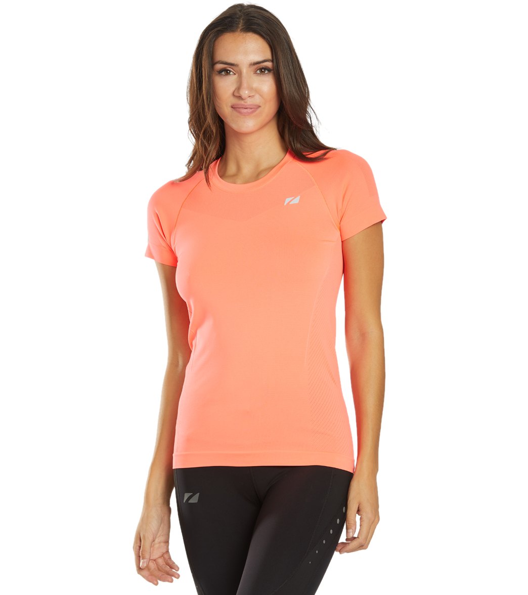 Zone3 Women's Seamless Compression Short Sleeve Top - Neon Coral Medium Polyester - Swimoutlet.com