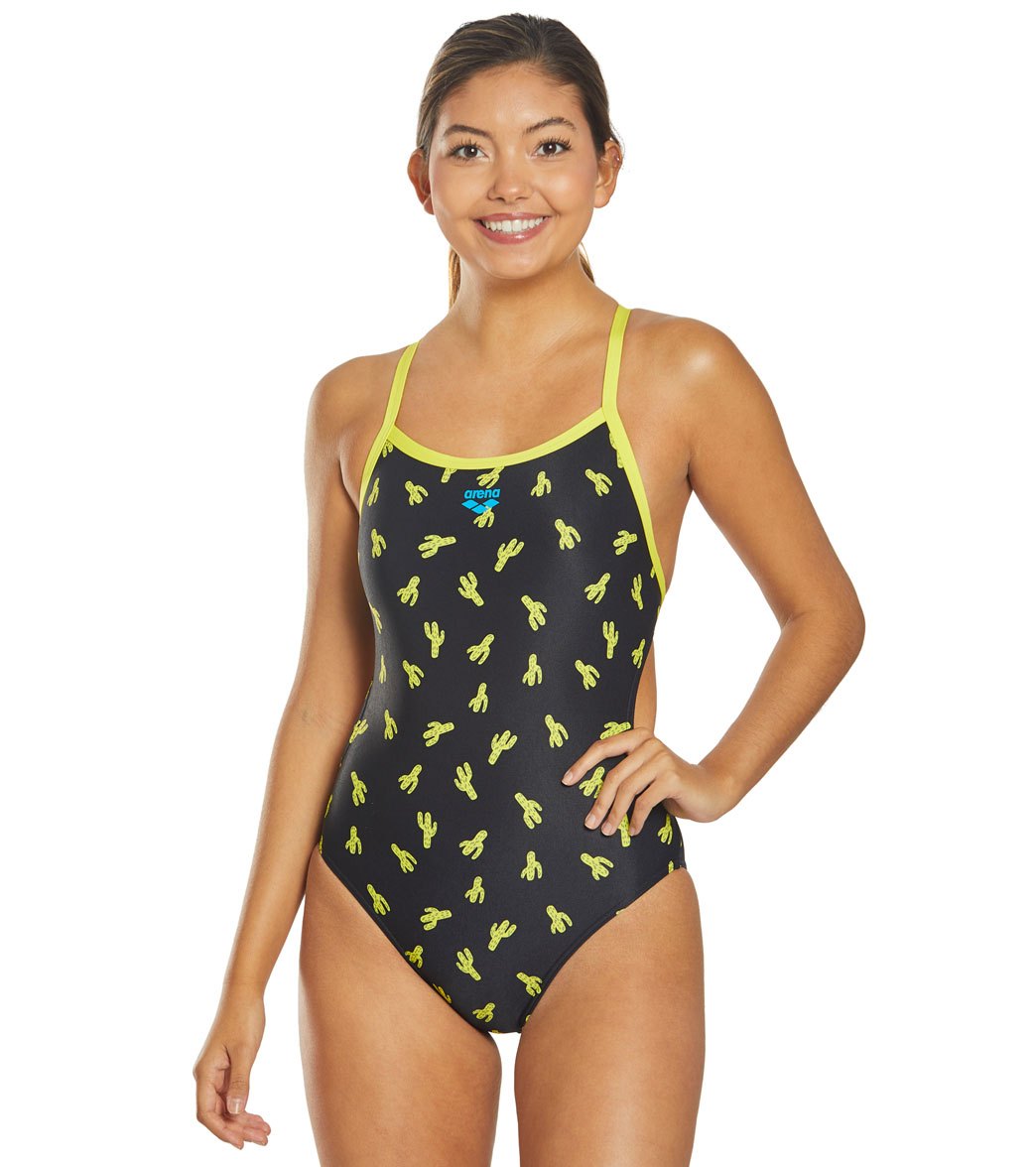 Arena Women's Cactus Challenge Back One Piece Swimsuit - Black/Yellow Star 22 Polyester - Swimoutlet.com