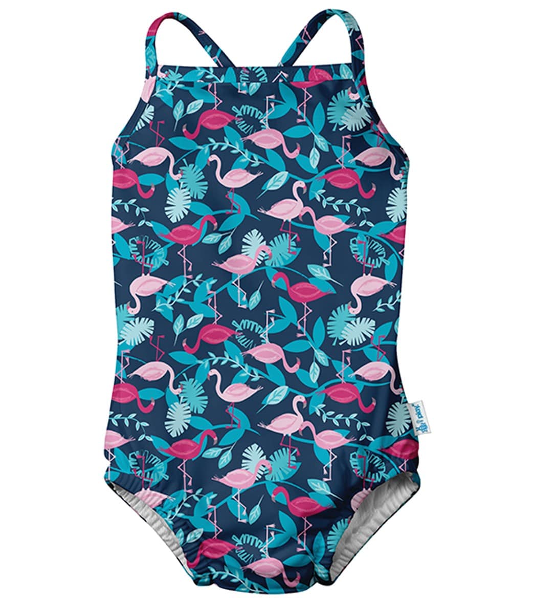 I Play. By Green Sprouts Girls' Flamingos One Piece Swimsuit W/Built-In Swim Diaper Baby - Navy 24 Months - Swimoutlet.com