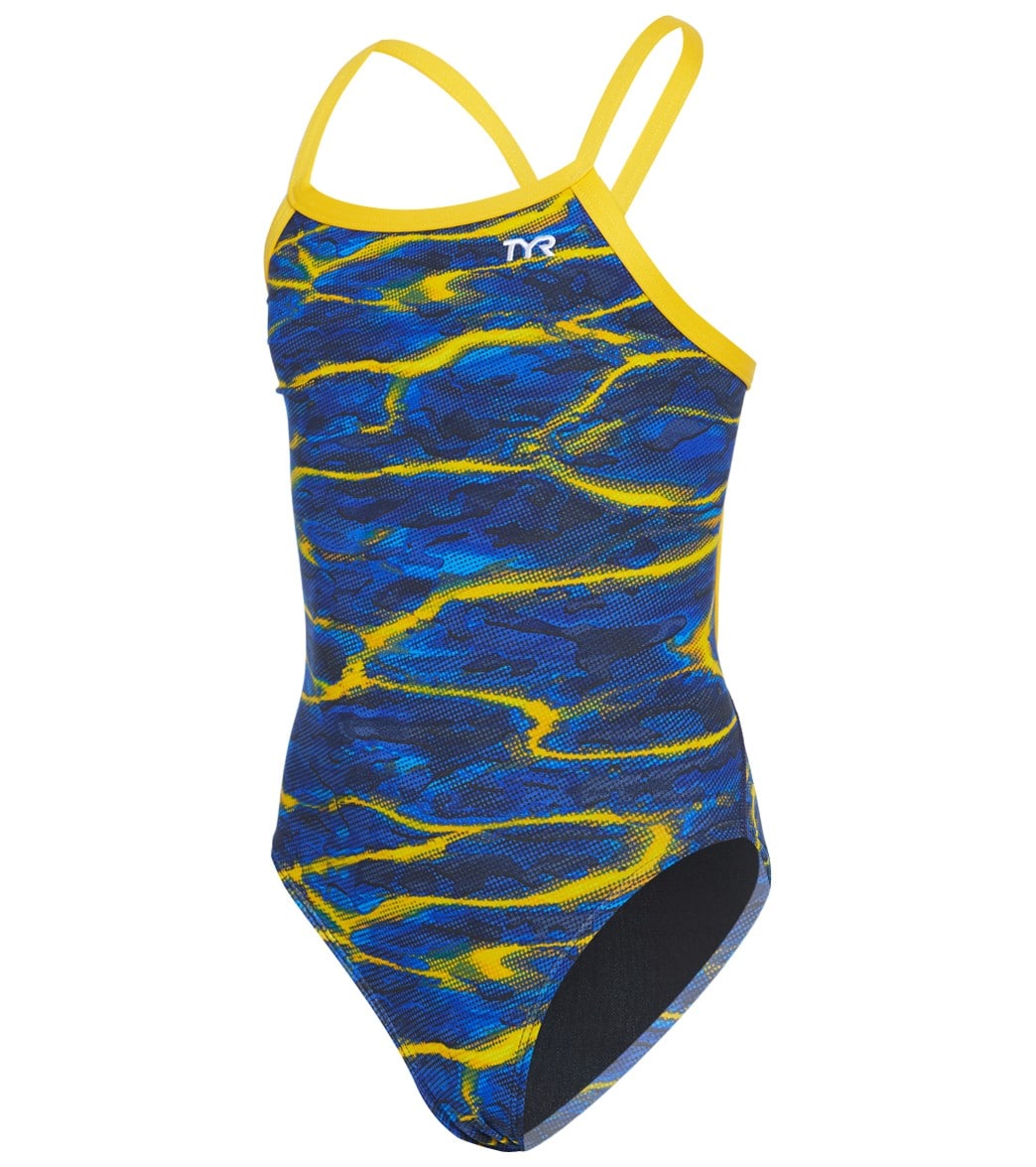 TYR Girls' Lambent Diamondfit One Piece Swimsuit - Navy/Gold 22 Polyester/Spandex - Swimoutlet.com