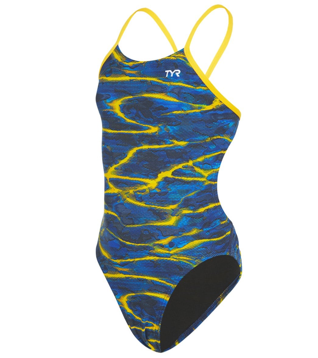 TYR Girls' Lambent Cutoutfit One Piece Swimsuit - Navy/Gold 22 Polyester/Spandex - Swimoutlet.com