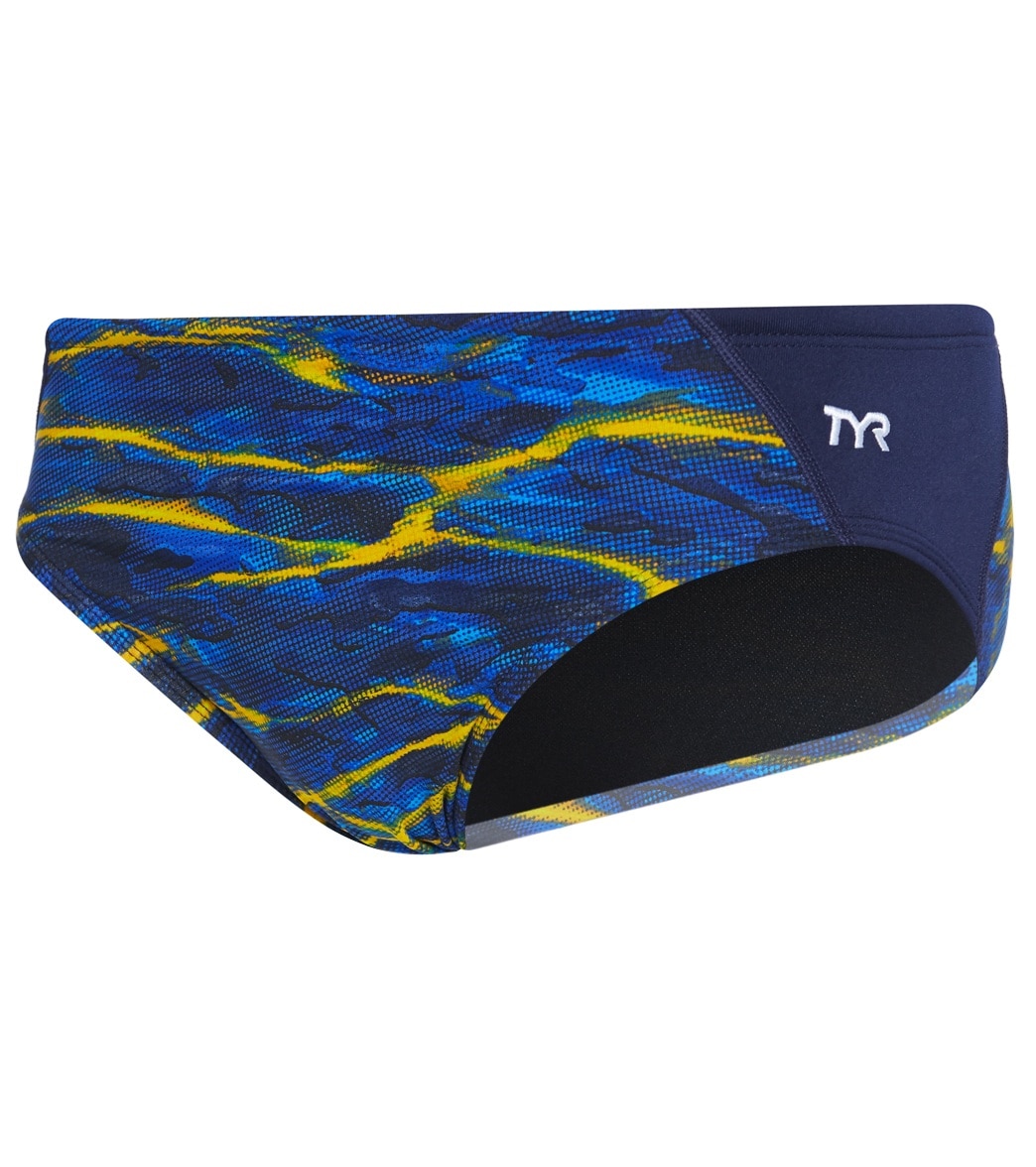 TYR Men's Lambent Blade Racer Brief Swimsuit - Navy/Gold 26 Polyester/Spandex - Swimoutlet.com