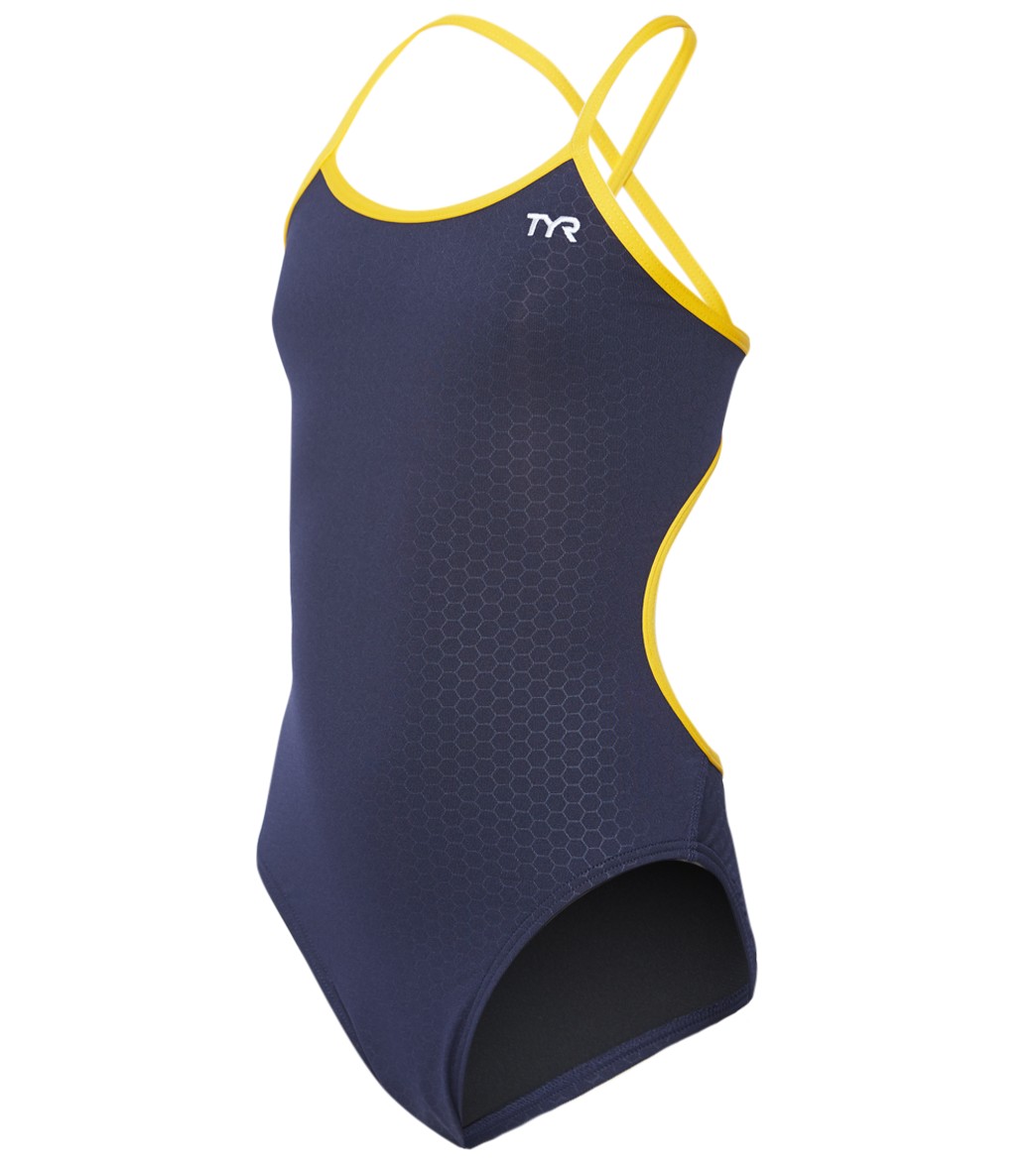 TYR Girls' Hexa Trinityfit One Piece Swimsuit - Navy/Gold 22 Polyester/Spandex - Swimoutlet.com