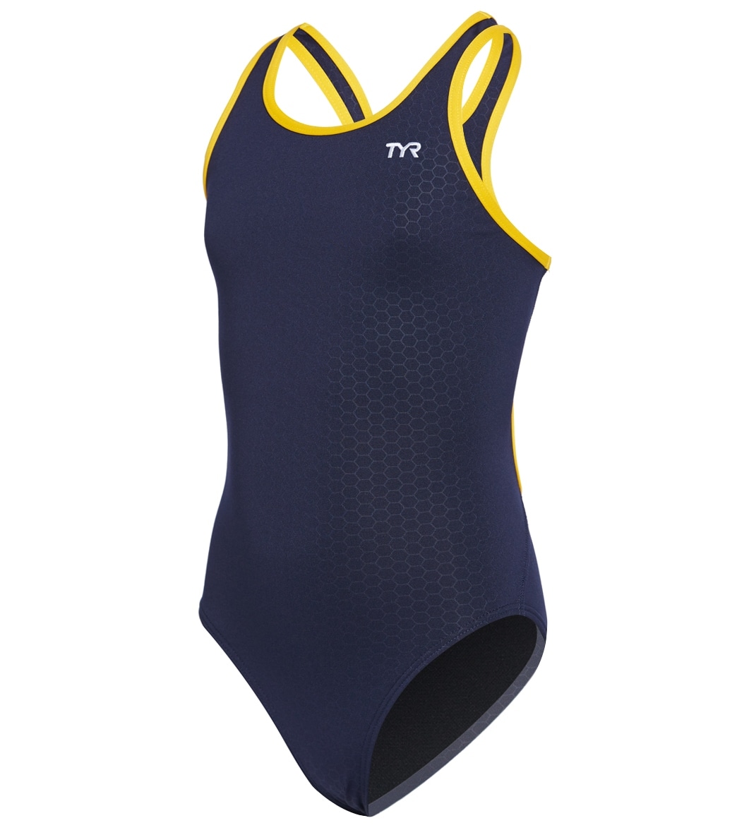 TYR Girls' Hexa Maxfit One Piece Swimsuit - Navy/Gold 22 Polyester/Spandex - Swimoutlet.com