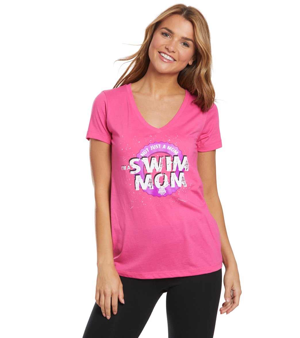 Usa Swimming Women's Swim Mom Not Just A V-Neck T-Shirt - Raspberry Medium Cotton/Polyester - Swimoutlet.com