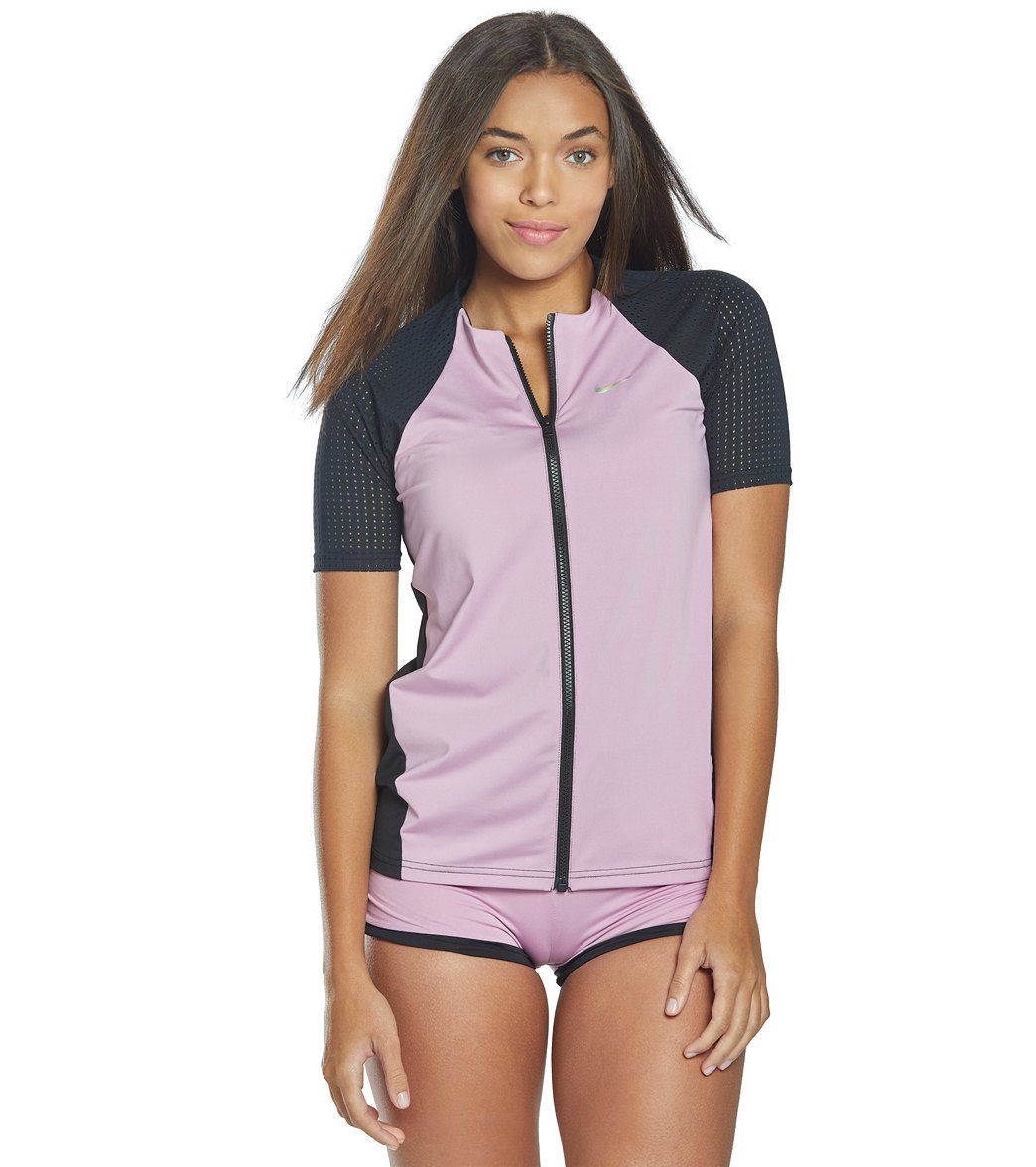 Nike Solid Zip Up Short Sleeve Hydro Rash Guard at