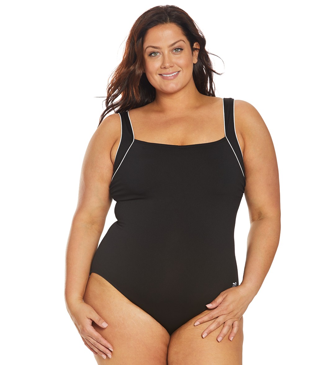 TYR Women's Plus Size Solid Square Neck Controlfit Chlorine Resistant One Piece Swimsuit - Black 16 - Swimoutlet.com