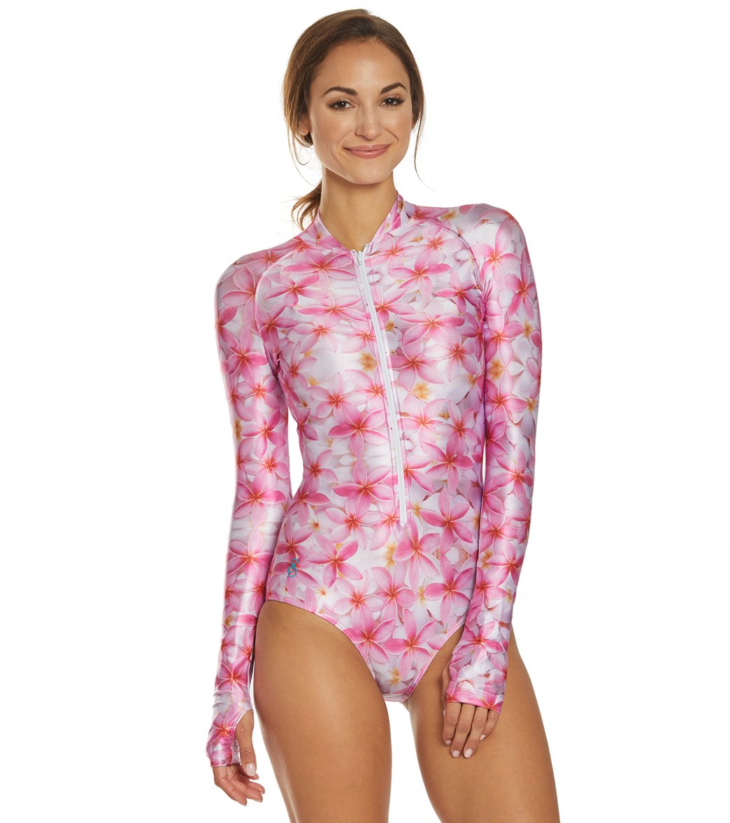 Slipins Plumeria Zippered Mini Long Sleeve Swimsuit - Pink Xl Polyester/Spandex - Swimoutlet.com