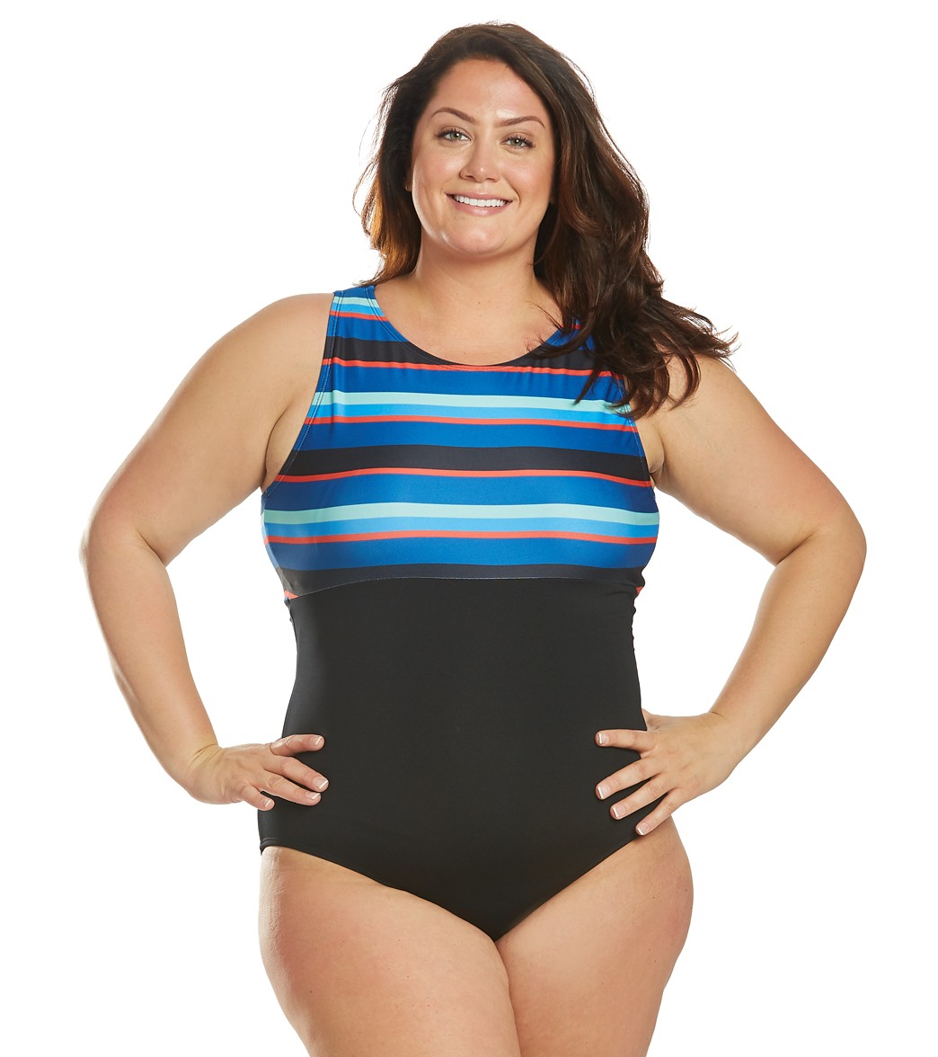 Dolfin Women's Plus Size Aquashape Multi Stripe High Neck Chlorine Resistant One Piece Swimsuit - Blue 16 - Swimoutlet.com