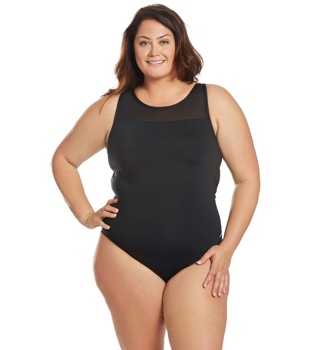 Dolfin Women's Plus Size Aquashape Solid Power Mesh Chlorine Resistant One Piece Swimsuit - Black 16 - Swimoutlet.com