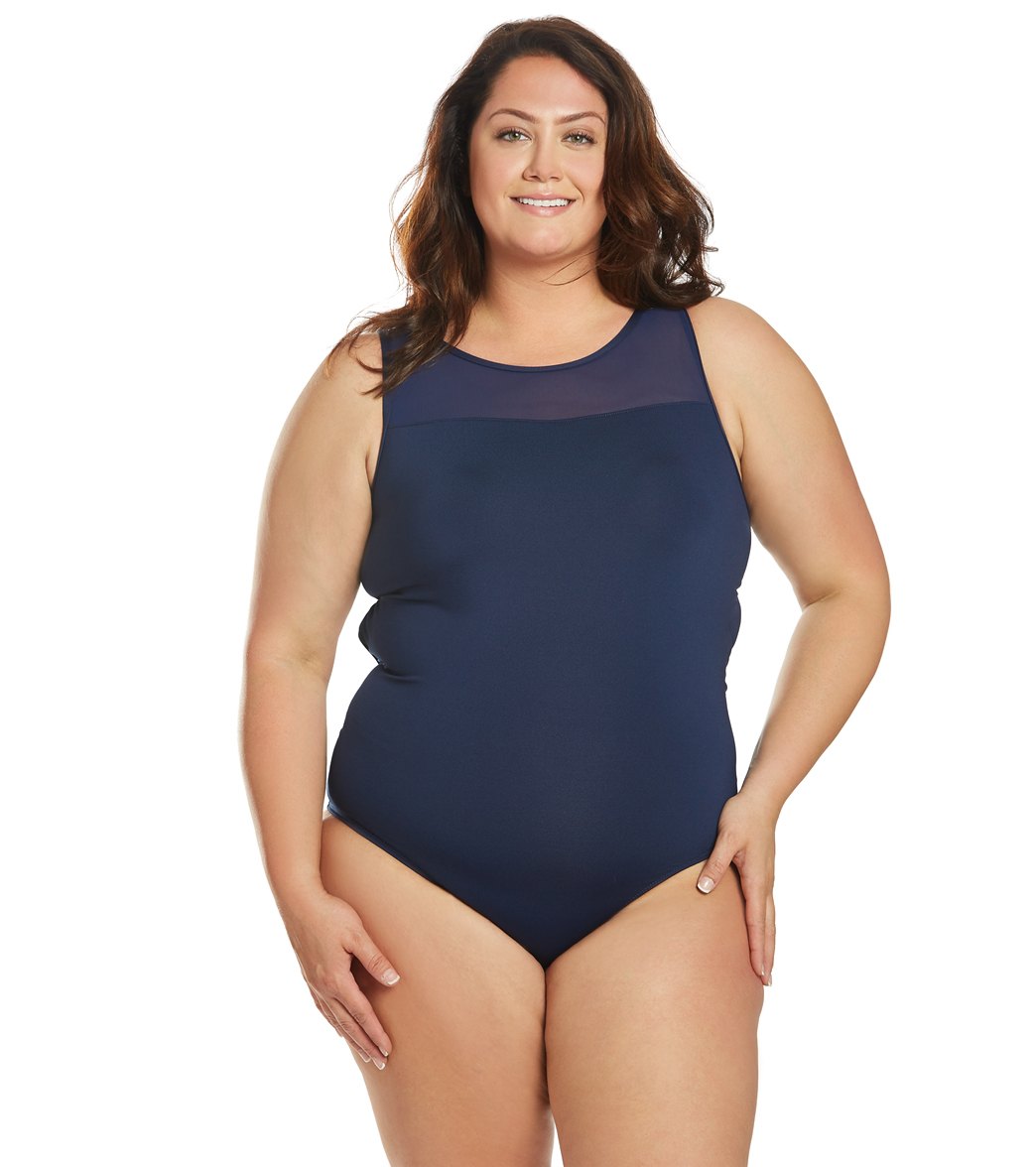 Dolfin Women's Plus Size Aquashape Solid Power Mesh Chlorine Resistant One Piece Swimsuit - Navy 16 - Swimoutlet.com
