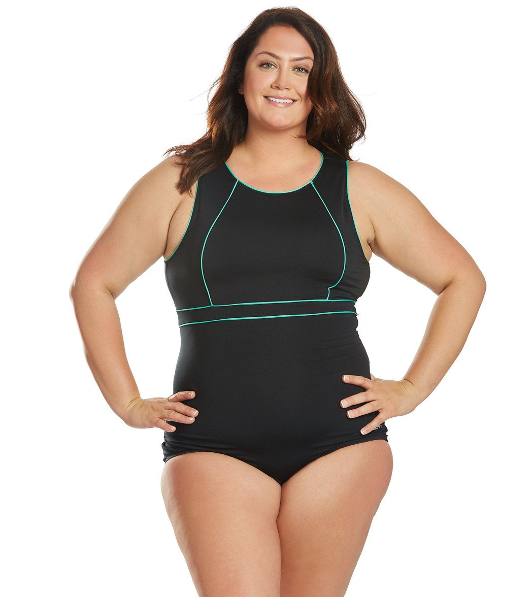 Dolfin Women's Plus Size Aquashape Solid Conservative High Neck Chlorine Resistant One Piece Swimsuit - Black/Mint 16 - Swimoutlet.com