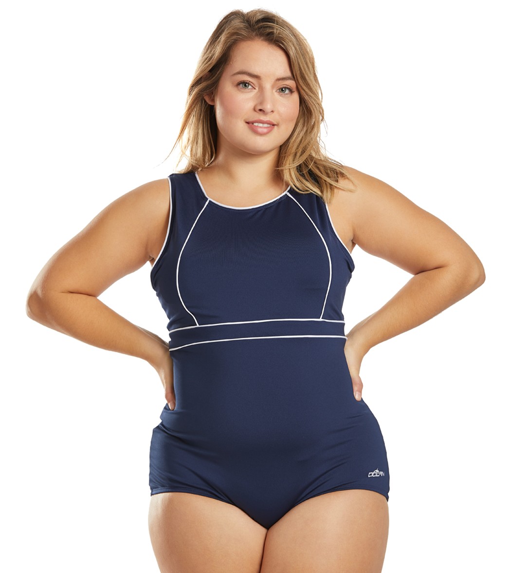 Dolfin Women's Plus Size Aquashape Solid Conservative High Neck Chlorine Resistant One Piece Swimsuit - Navy/White 16 - Swimoutlet.com