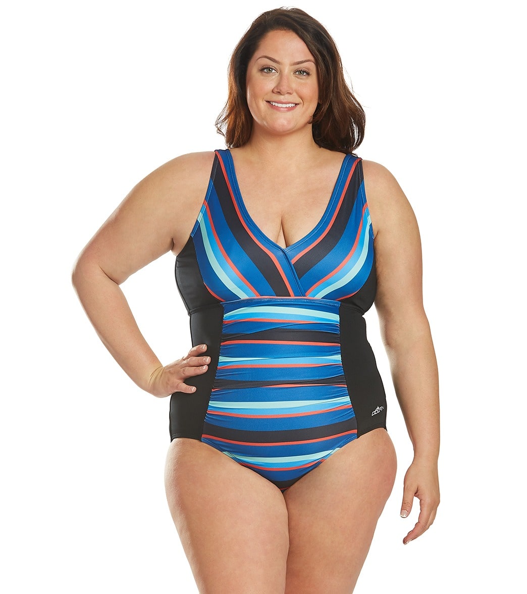 Dolfin Women's Plus Size Aquashape Multi Stripe V-Neck Chlorine Resistant One Piece Swimsuit - Blue 22 - Swimoutlet.com