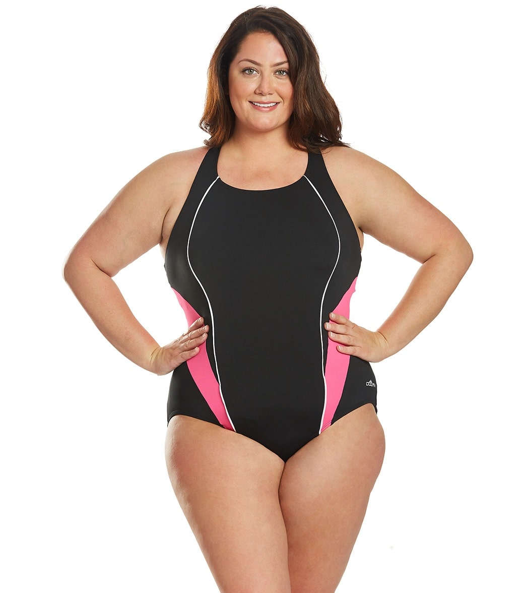 Dolfin Women's Plus Size Sporty Color Block Splice Crossover Chlorine Resistant One Piece Swimsuit - Black/Pink 16 Polyester - Swimoutlet.com