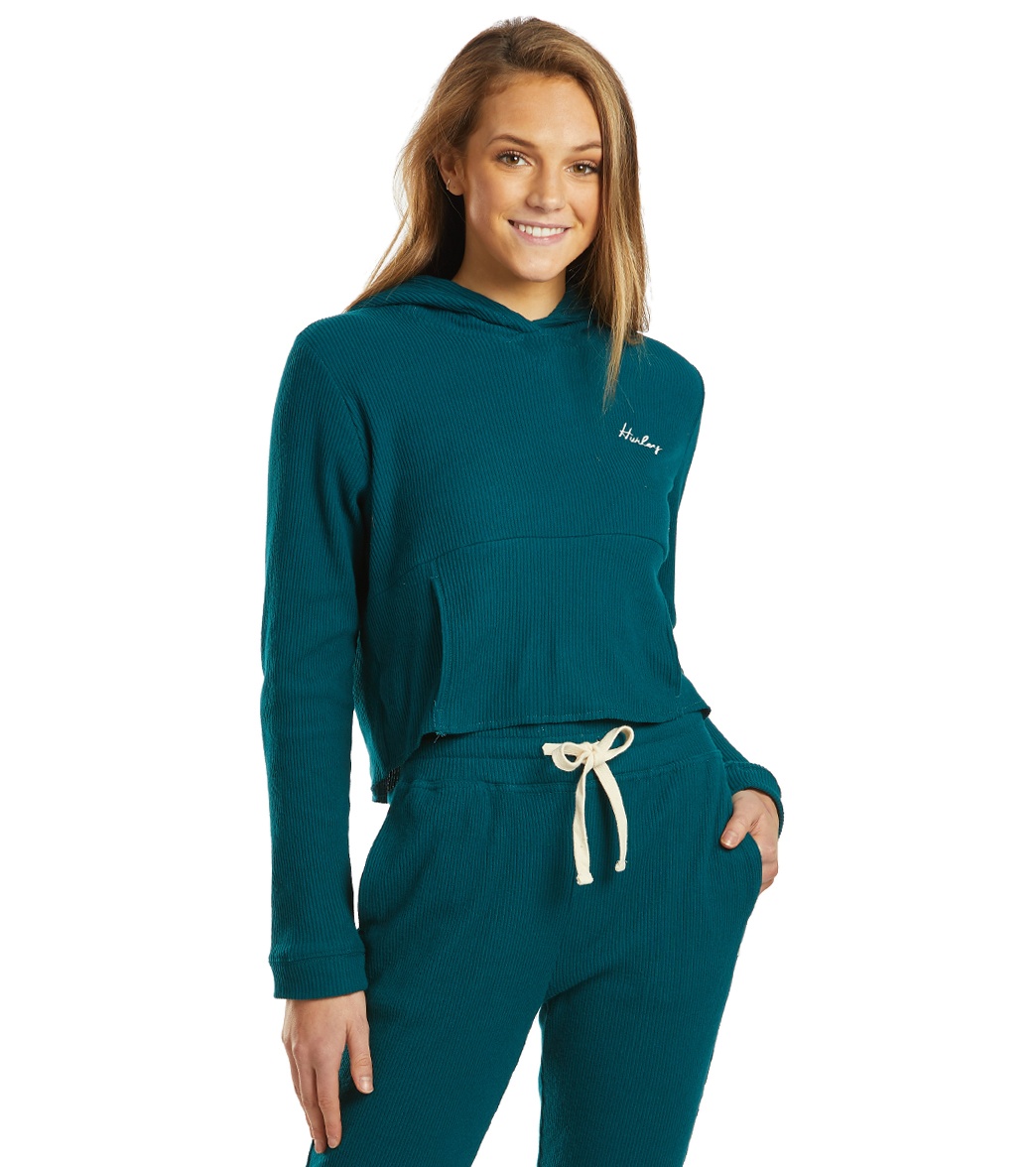 Hurley Women's Chill Rib Fleece Crop Pullover - Midnight Turquoise Large Cotton/Polyester - Swimoutlet.com