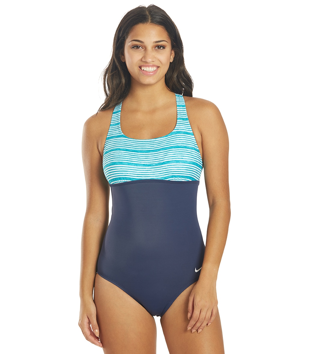 Nike Women's Heather Stripe Crossback Chlorine Resistant One Piece Swimsuit - Oracle Aqua Large Size Large - Swimoutlet.com