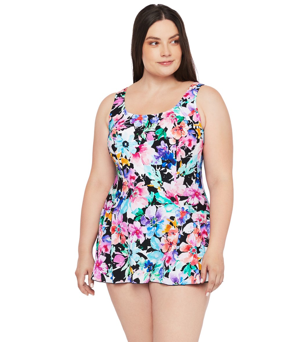 Maxine Plus Size Painted Petals Princess Seam Swim Dress at SwimOutlet