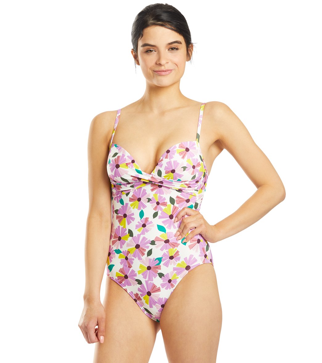 Kate Spade New York Wallflower Draped One Piece Swimsuit - White Large - Swimoutlet.com