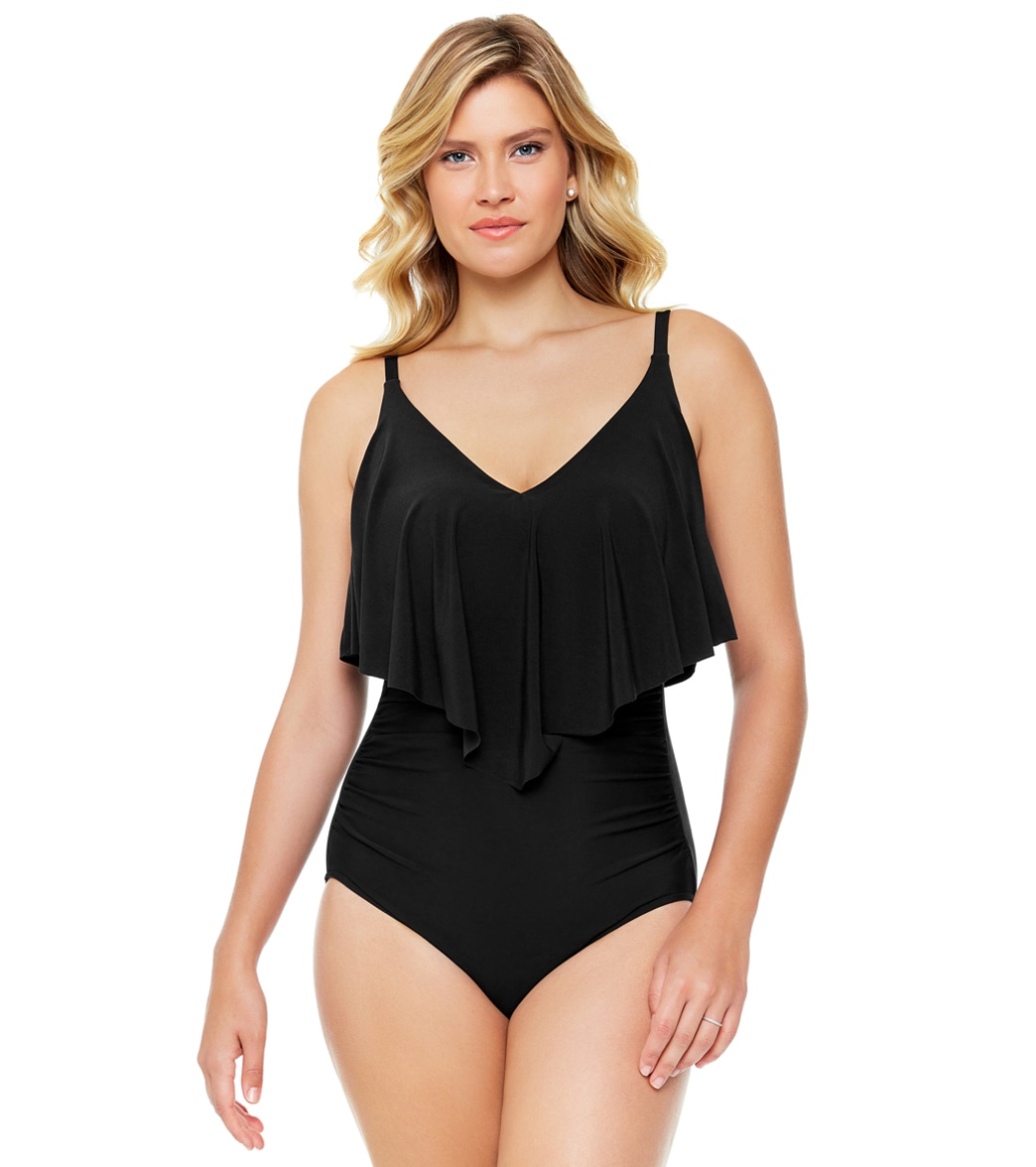 Penbrooke Solid Bringing Sexy V Neck Ruffle One Piece Swimsuit - Black 8 - Swimoutlet.com