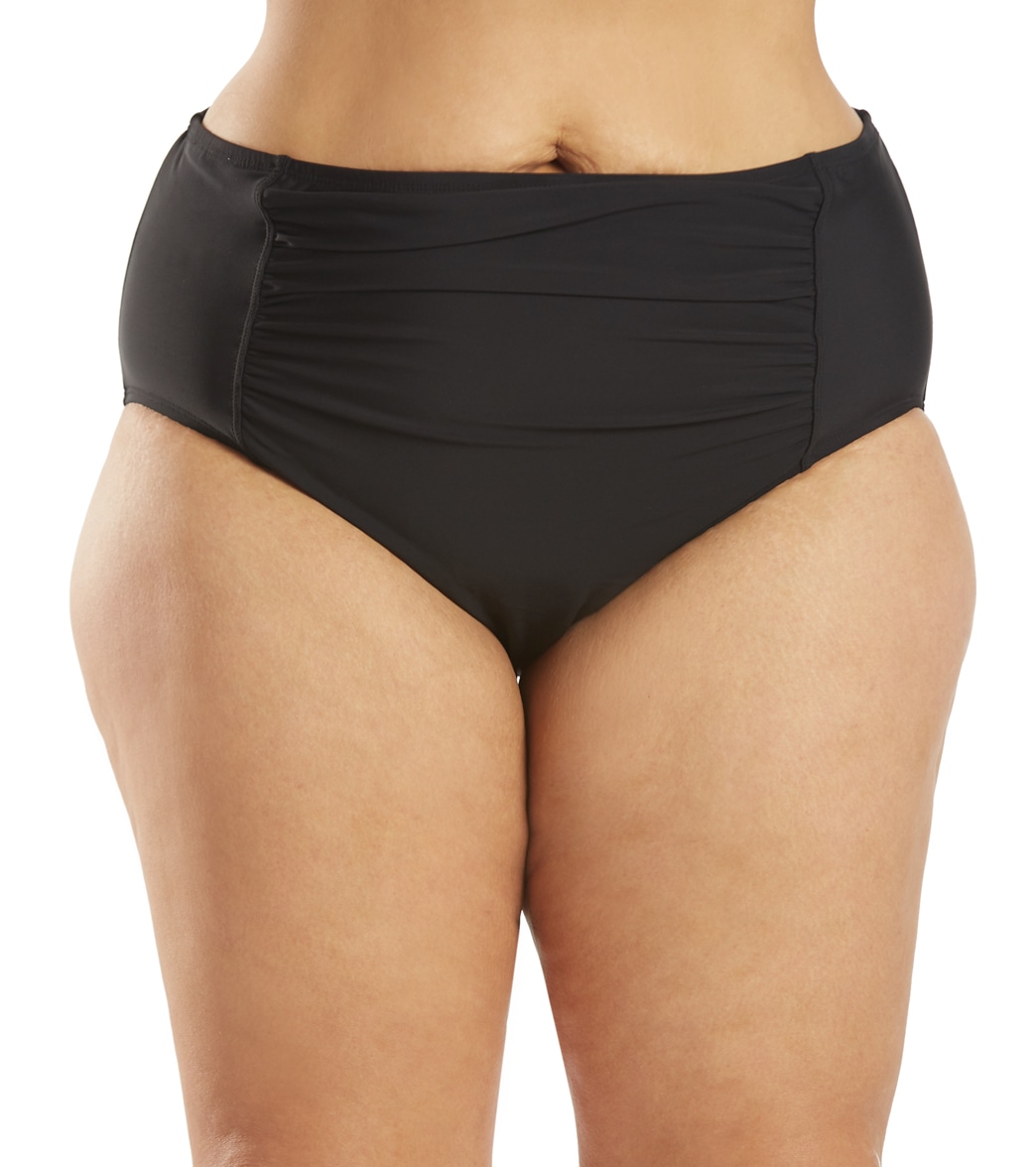 Penbrooke Plus Size Solid Shirred Front Bikini Bottom - Black 20W - Swimoutlet.com