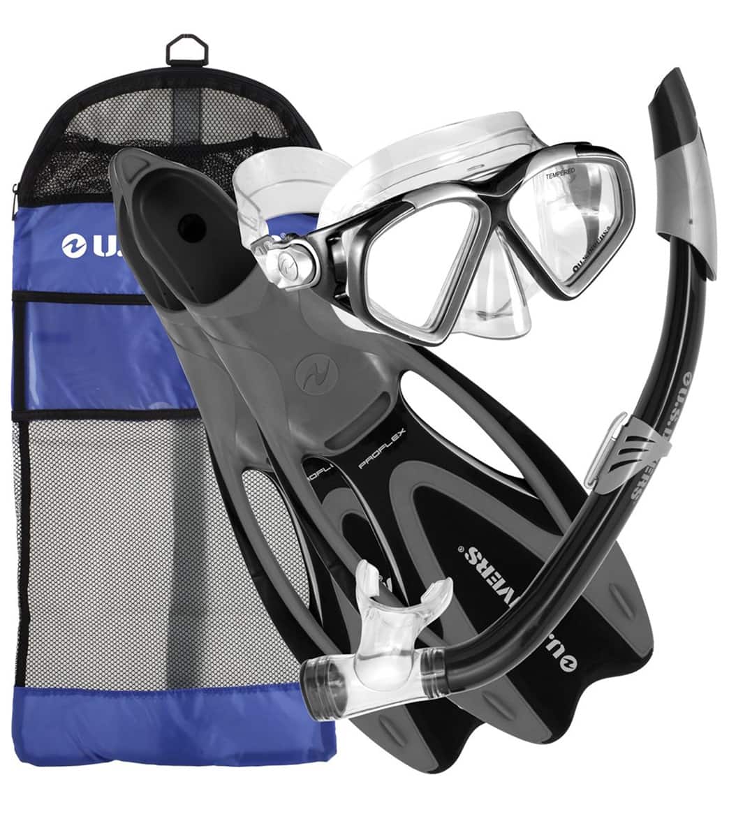 U.s. Divers Cozumel Mask/ Island Dry Snorkel/ Hingeflex Ii Fins/Gear Bag Set - Gunmetal/Black S/M 4-8.5 Size Small/Medium - Swimoutlet.com
