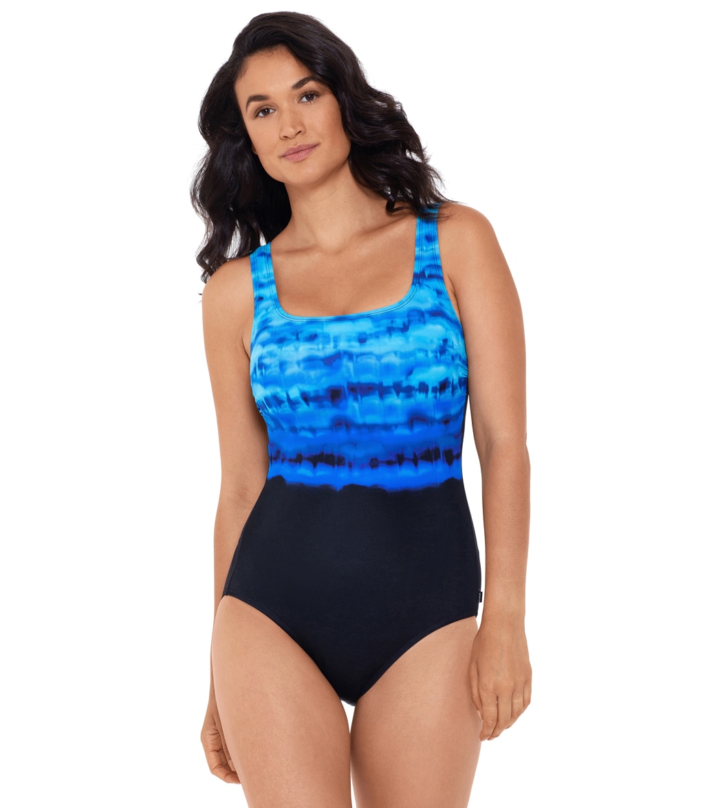 Reebok Women's Conceptual Waters Scoop Neck Chlorine Resistant One Piece Swimsuit - Blue/Black 18 - Swimoutlet.com