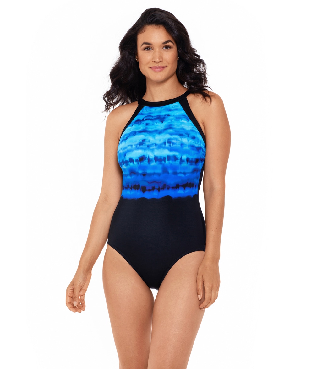 Reebok Women's Conceptual Waters High Neck Chlorine Resistant One Piece Swimsuit - Blue/Black 10 - Swimoutlet.com