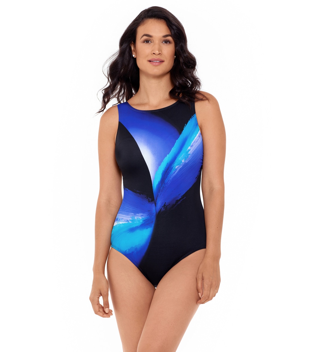 Reebok Women's Aurora Borealis High Neck Chlorine Resistant One Piece Swimsuit - Blue/Black 10 - Swimoutlet.com