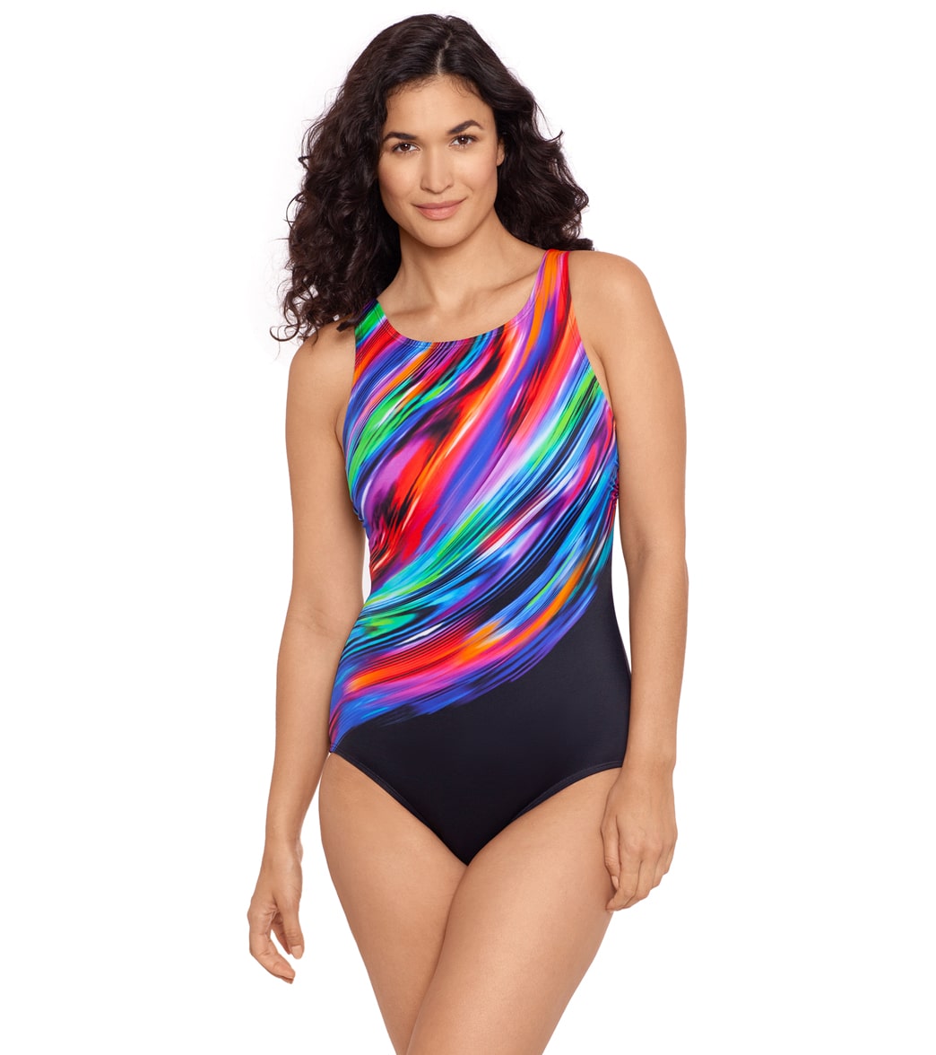 Reebok Women's Glowing Strong High Neck Chlorine Resistant One Piece Swimsuit - Multi 14 - Swimoutlet.com