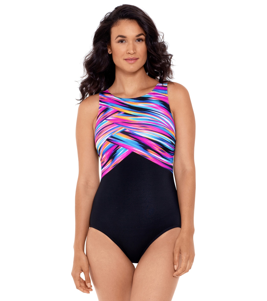 Reebok Women's Wrapped In Perfection High Neck Chlorine Resistant One Piece Swimsuit - Pink/Black 14 - Swimoutlet.com
