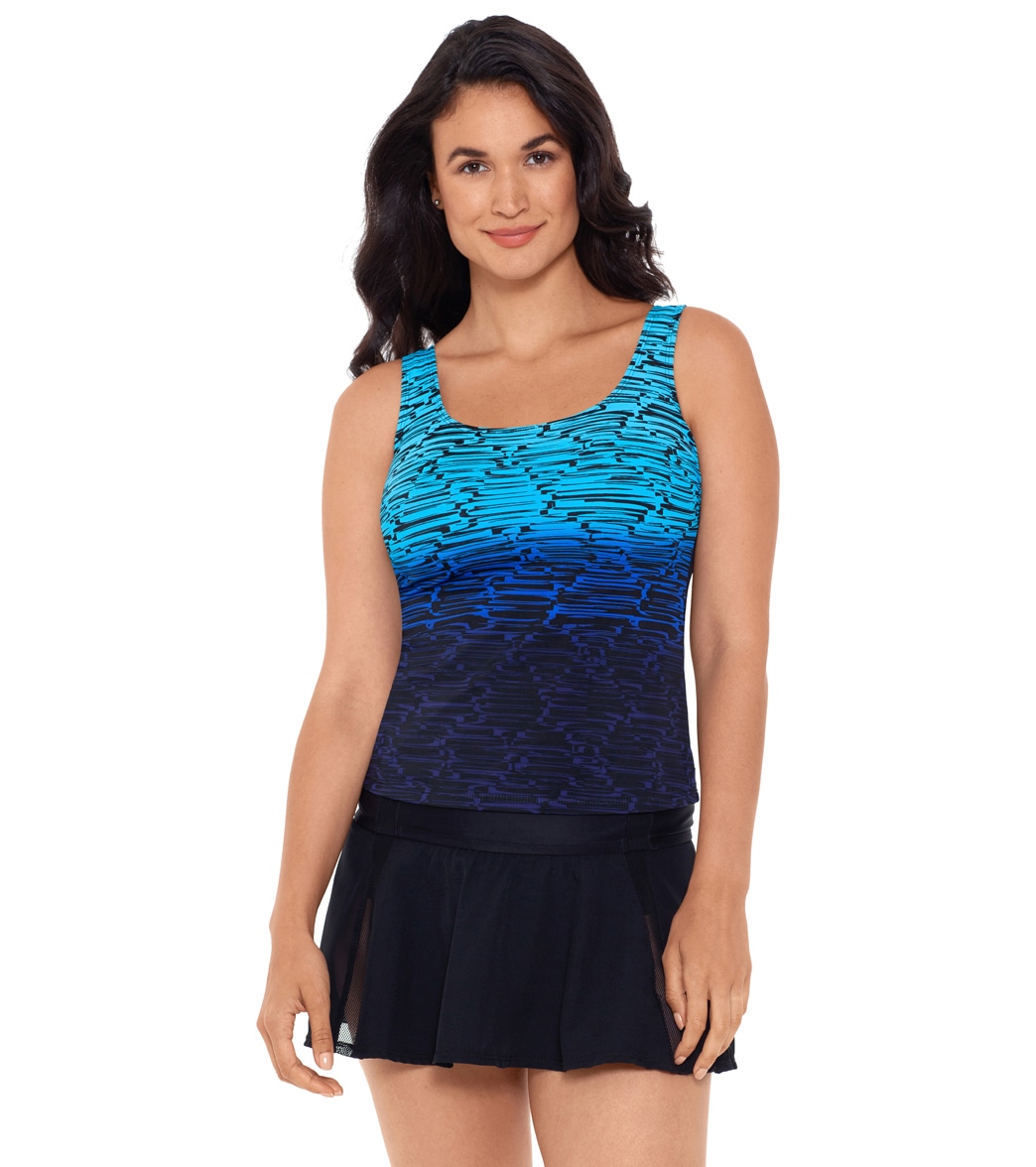 Reebok Women's Stacked To The Max Scoop Neck Chlorine Resistant Tankini Top - Blue/Black 12 - Swimoutlet.com