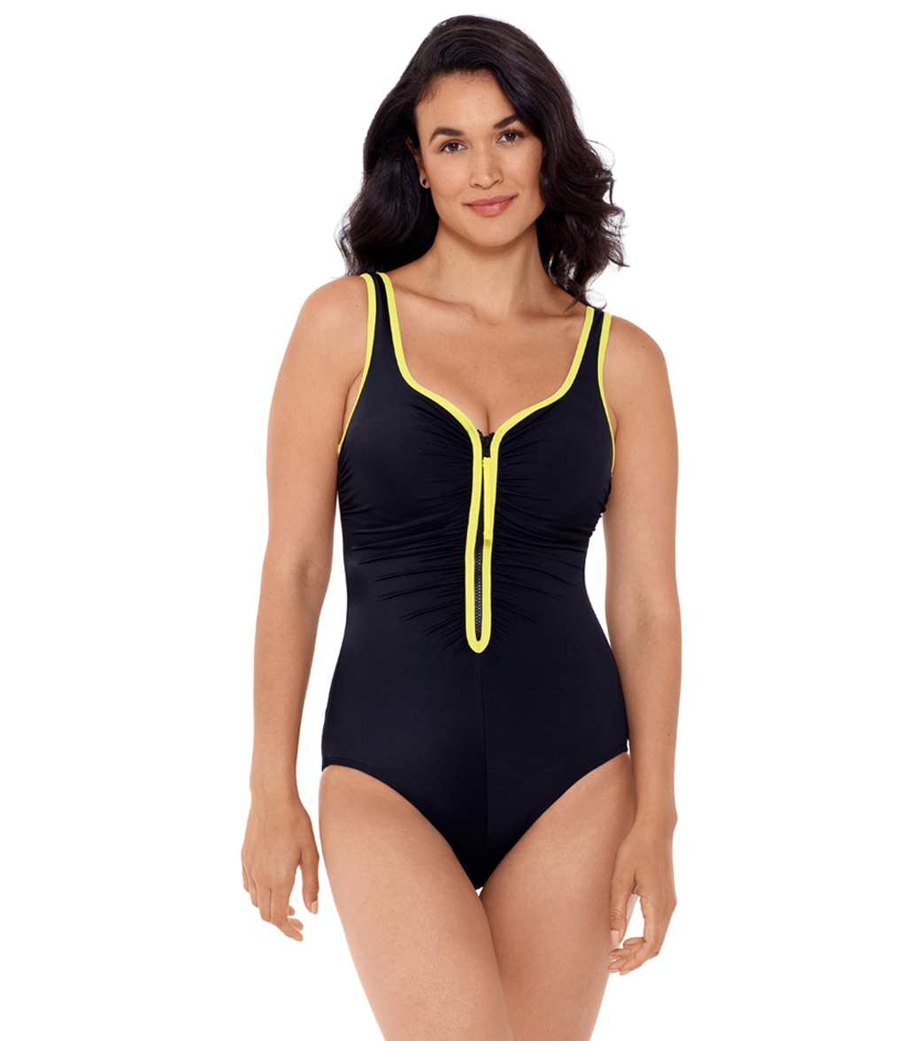 Reebok Women's Zig Zag Shirred Tank Chlorine Resistant One Piece Swimsuit