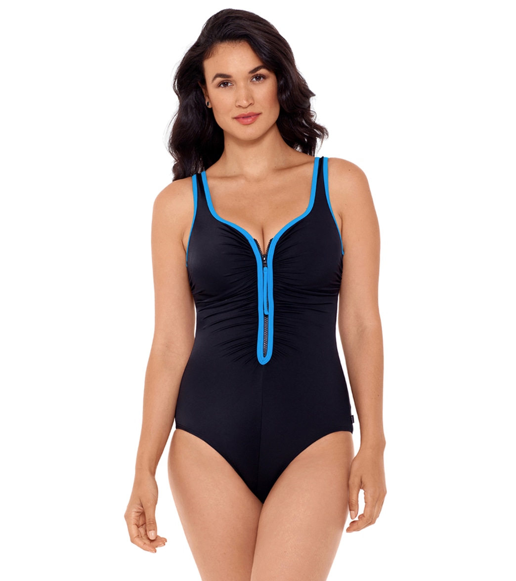 Reebok Women's Zig Zag Shirred Tank Chlorine Resistant One Piece Swimsuit - Black/Blue 8 - Swimoutlet.com