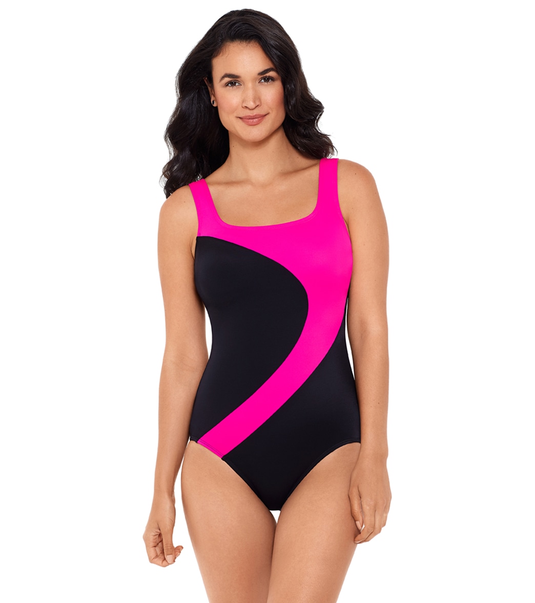 Reebok Women's Color Block Curved Tank Chlorine Resistant One Piece Swimsuit - Black/Pink 14 - Swimoutlet.com