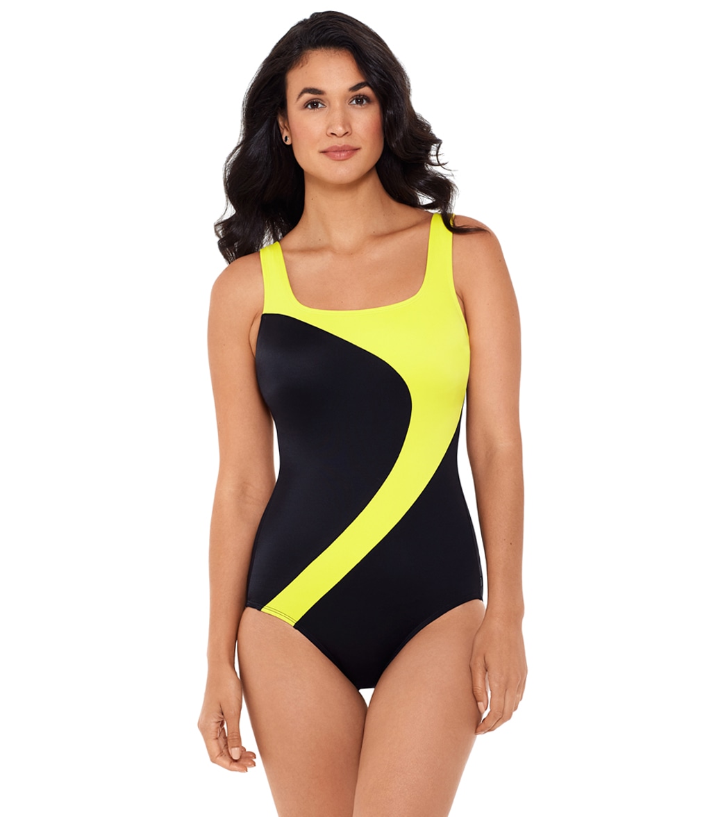 Reebok Women's Color Block Curved Tank Chlorine Resistant One Piece Swimsuit - Black/Yellow 8 - Swimoutlet.com