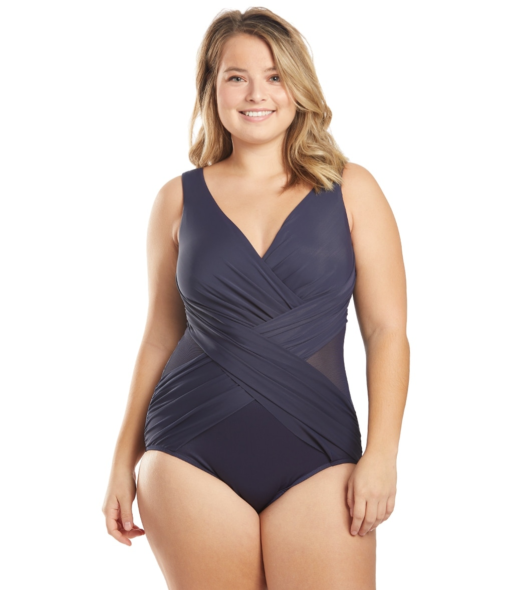 Miraclesuit Plus Size Solid Crossover One Piece Swimsuit - Midnight 16W - Swimoutlet.com
