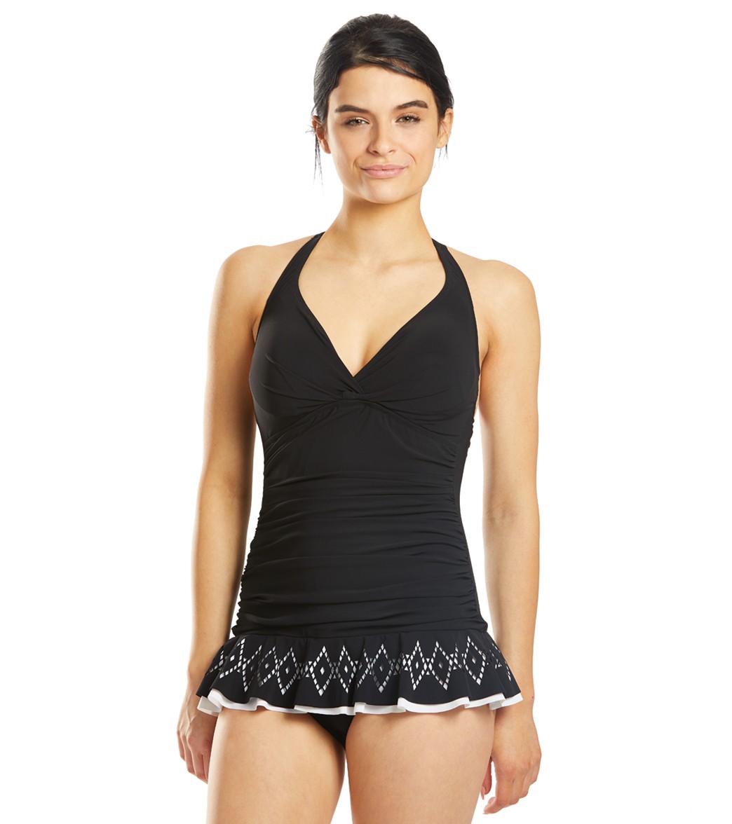 Profile By Gottex Tutti Frutti Halter Laser Design Swim Dress - Black 8 Elastane/Polyamide - Swimoutlet.com