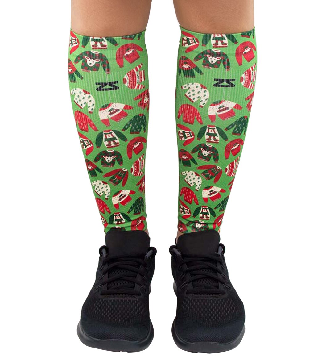 Zensah Ugly Christmas Sweater Compression Leg Sleeves Pair - Green L/Xl - Swimoutlet.com