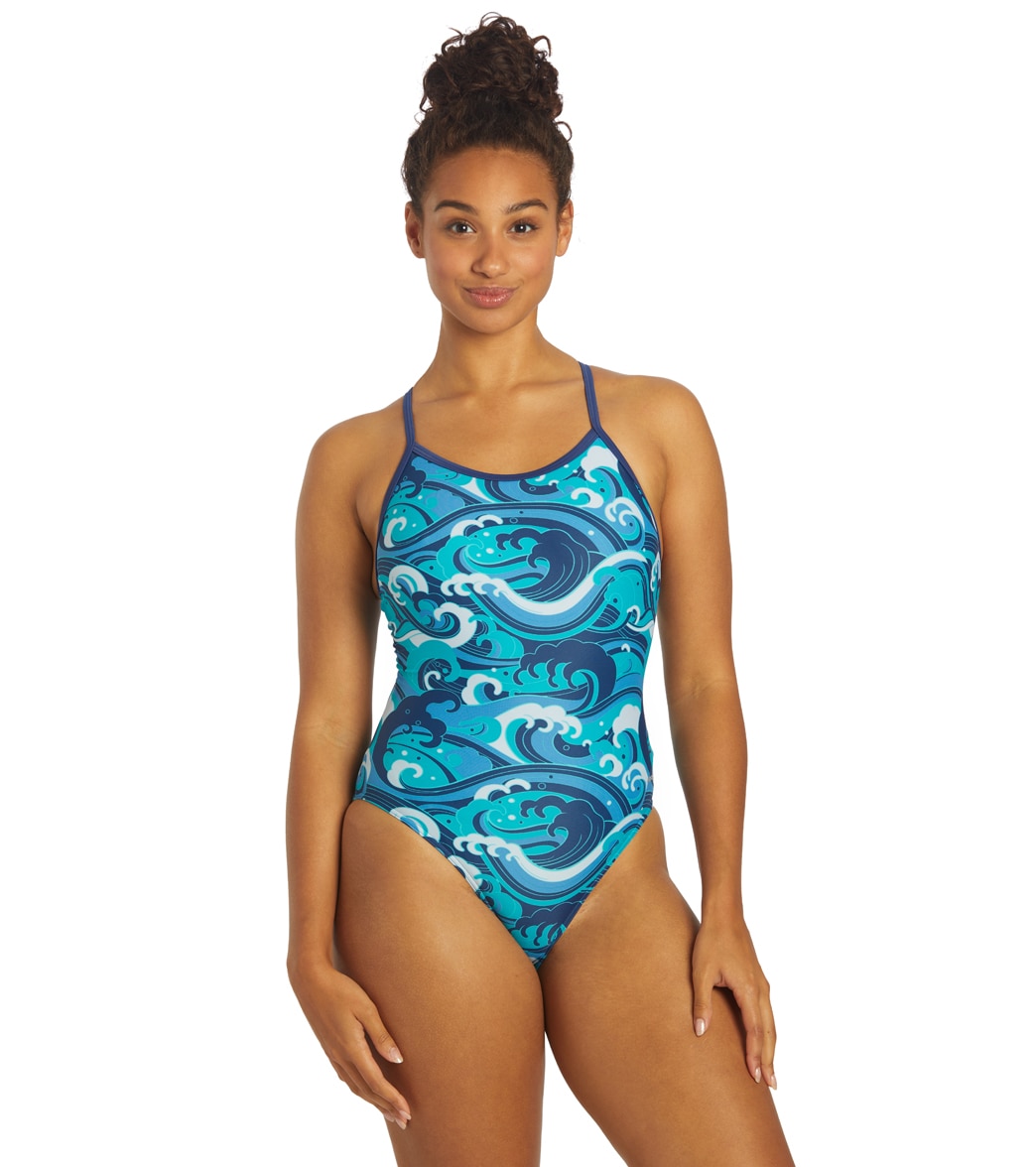 Sporti Great Wave Thin Strap One Piece Swimsuit - Blue Multi 26 Polyester - Swimoutlet.com