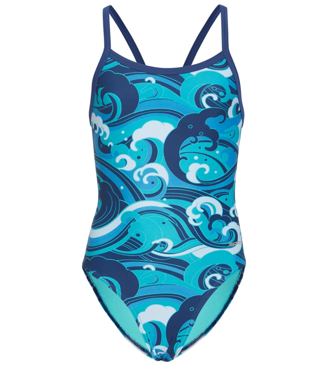 Sporti Great Wave Thin Strap One Piece Swimsuit Youth 22-28 - Blue Multi 24Y Polyester - Swimoutlet.com