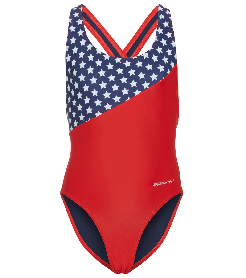 Sporti Star Spangled Wide Strap Cross Back One Piece Swimsuit Youth 22-28 - Red/White/Blue 24Y - Swimoutlet.com