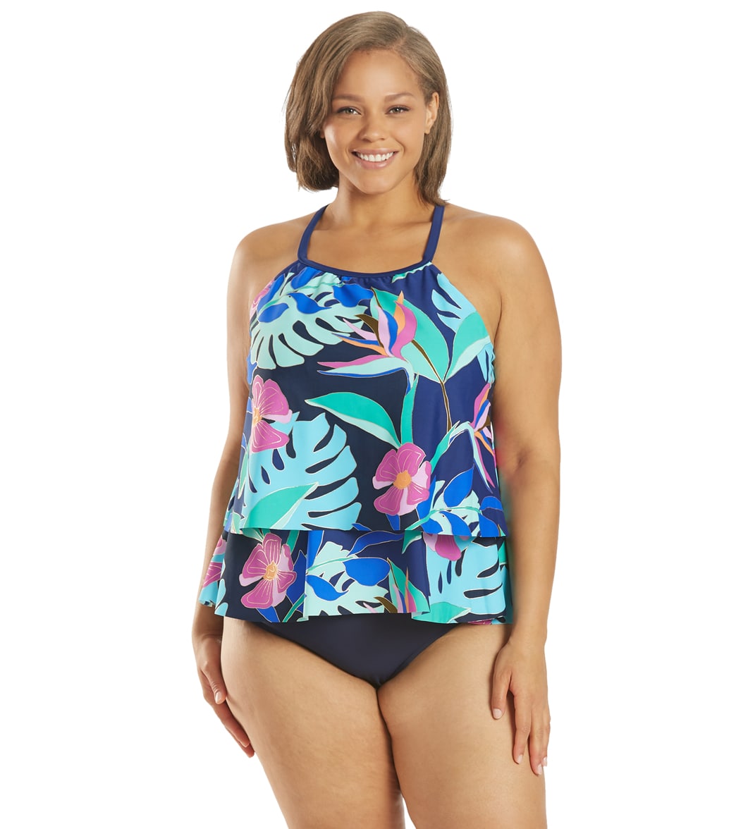 Maxine Plus Size Jungle Oasis High Neck Tiered Ruffle Tankini Top - Navy 16W - Swimoutlet.com