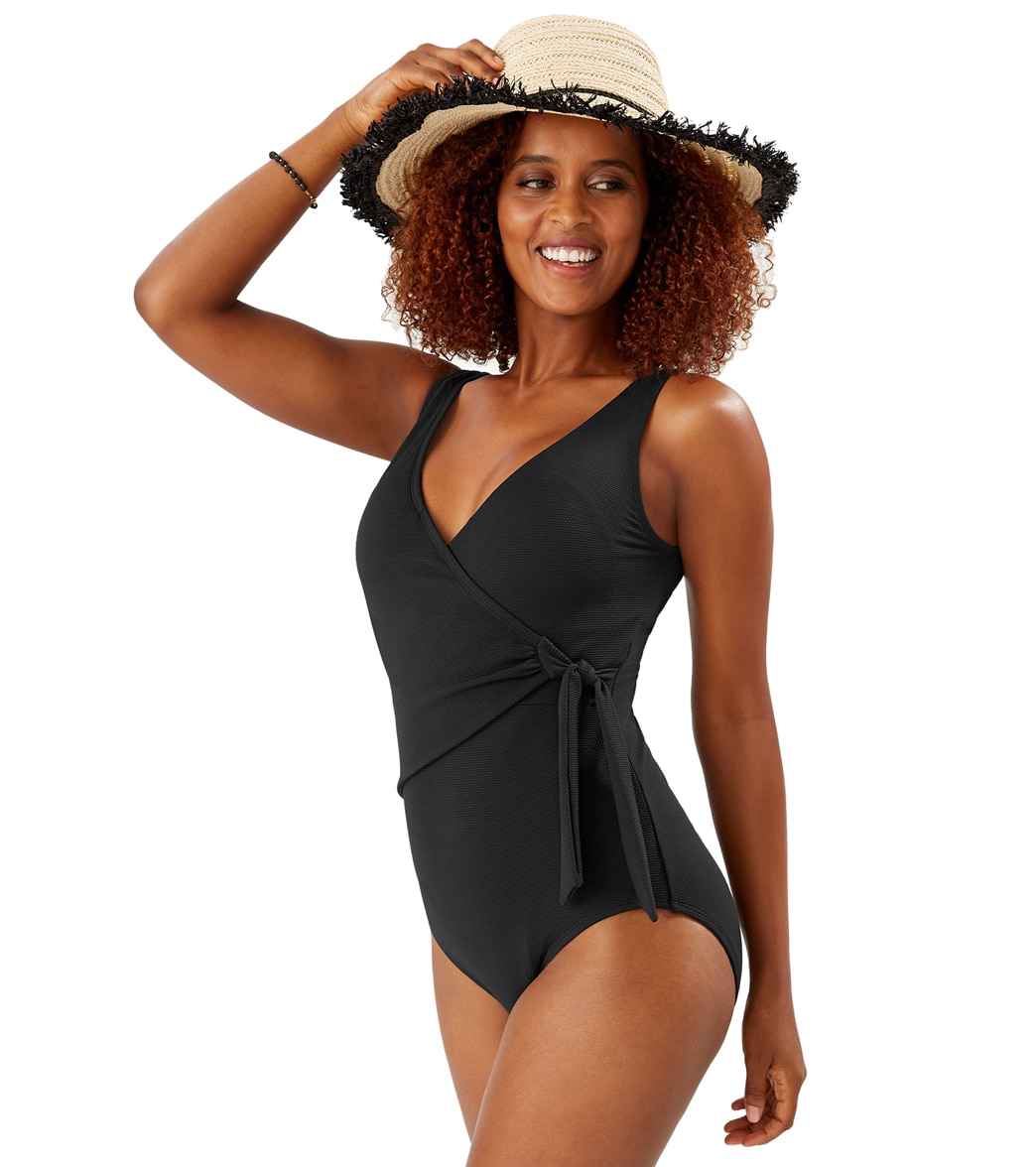 Tommy Bahama Women's Pique Colada Wrap One Piece Swimsuit - Black 12 - Swimoutlet.com