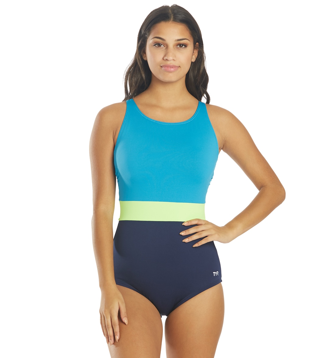 TYR Women's Solid Splice Belted Controlfit Chlorine Resistant One Piece Swimsuit - Blue/Multi 6 - Swimoutlet.com