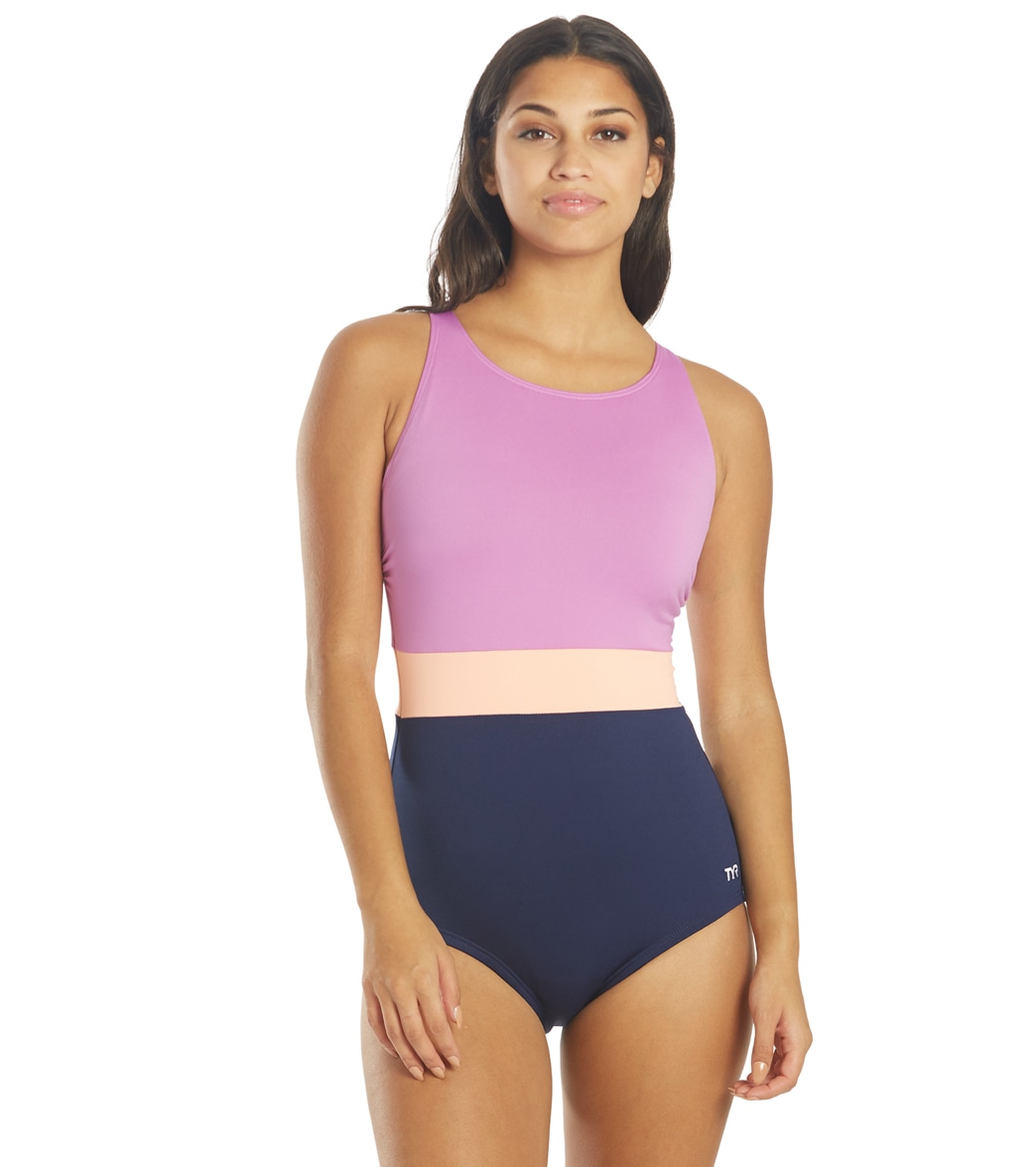 TYR Women's Solid Splice Belted Controlfit Chlorine Resistant One Piece Swimsuit - Purple/Multi 12 - Swimoutlet.com