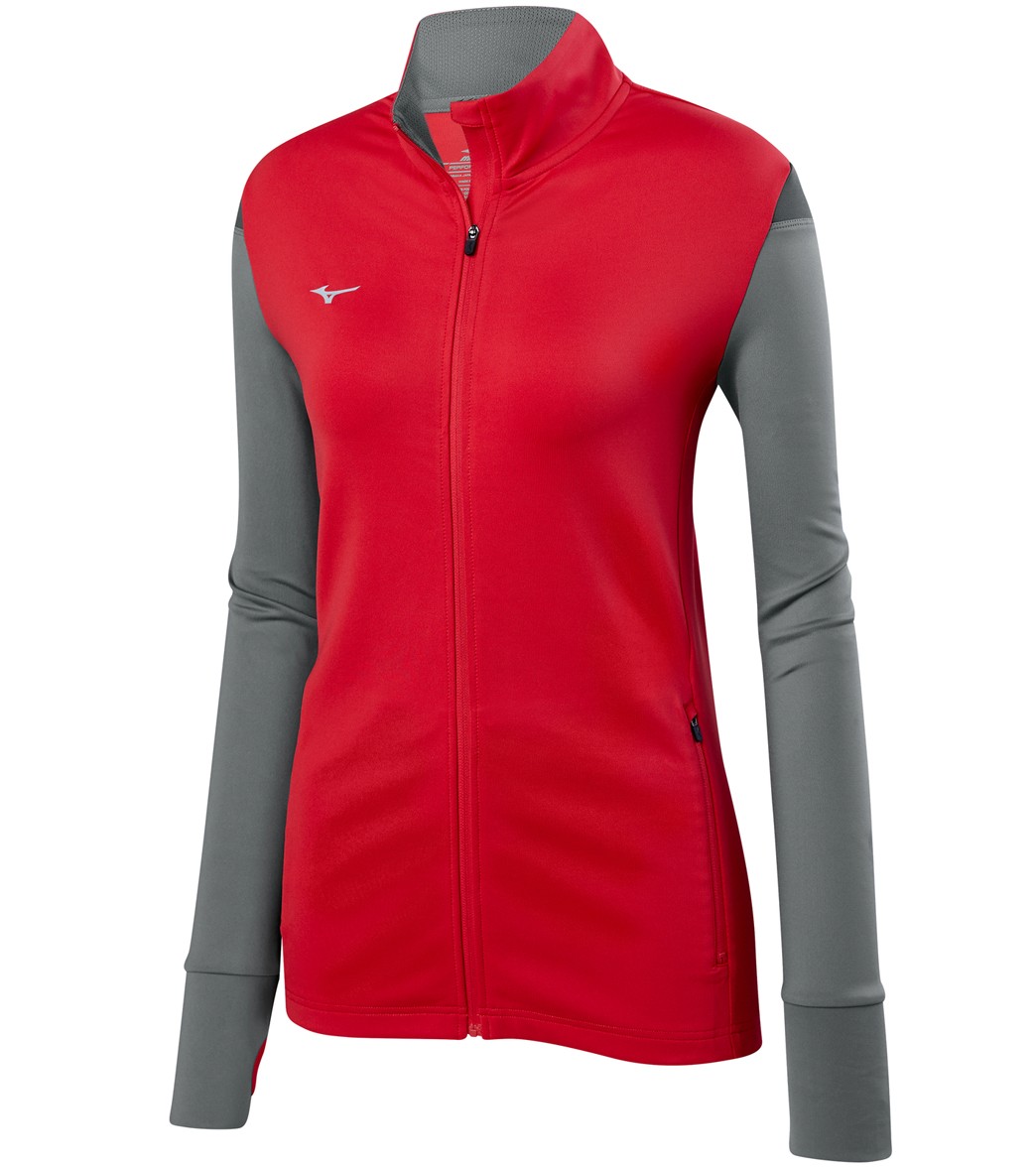 Mizuno Girls' Horizon Full Zip Volleyball Jacket - Red/Silver/Charcoal Medium Cotton/Polyester - Swimoutlet.com