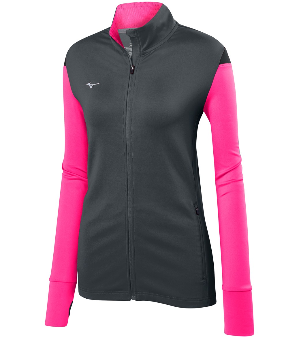 Mizuno Girls' Horizon Full Zip Volleyball Jacket - Charcoal/Shocking Pink/Black Medium Cotton/Polyester - Swimoutlet.com