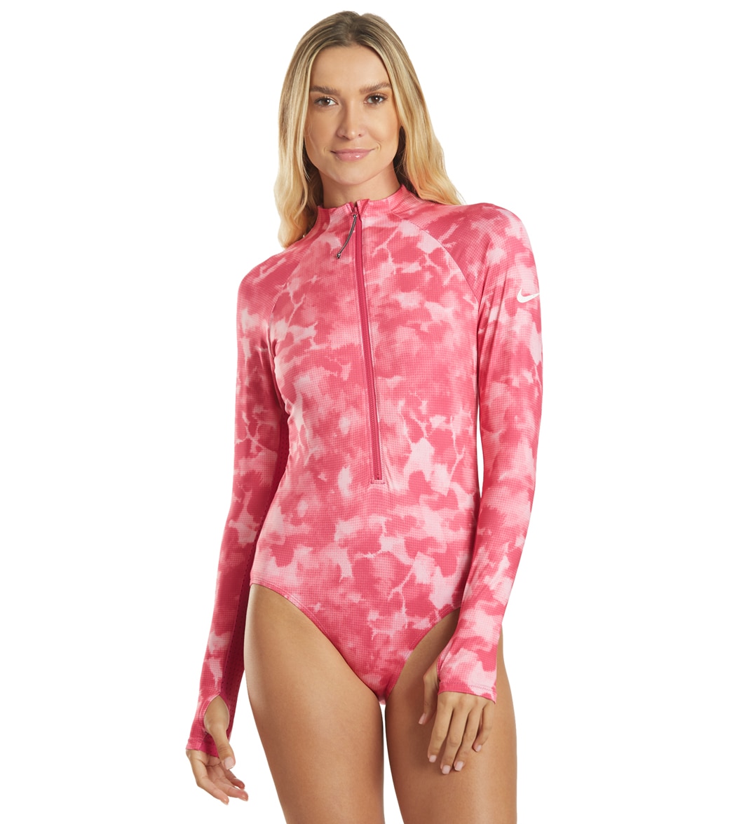 Nike Women's Chlorine Resistant Cloud Dye Long Sleeve One Piece Swimsuit - Fireberry X-Small - Swimoutlet.com